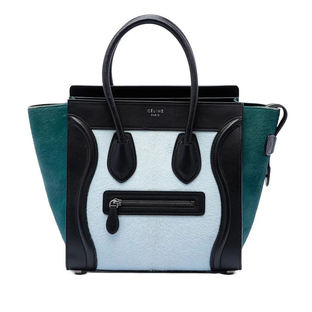 Celine Micro Tricolor Pony Hair Luggage Tote Blue Leather Good - Front View