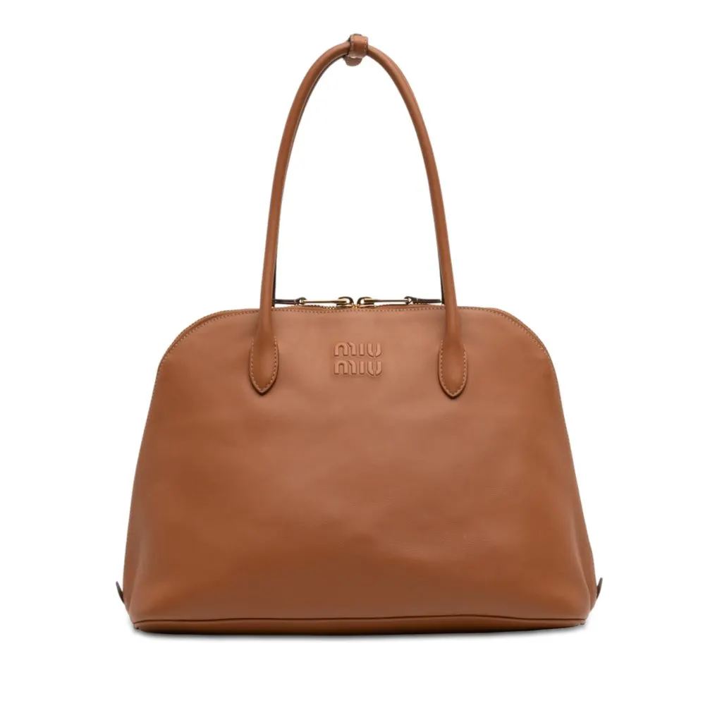Miu Miu Softy Calfskin Embossed Logo Shoulder Bag Brown Leather Very good - Front View