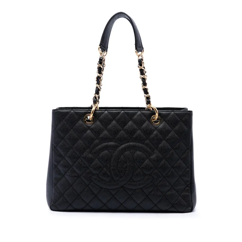 Chanel Caviar Grand Shopping Tote Black Leather Good - Front View