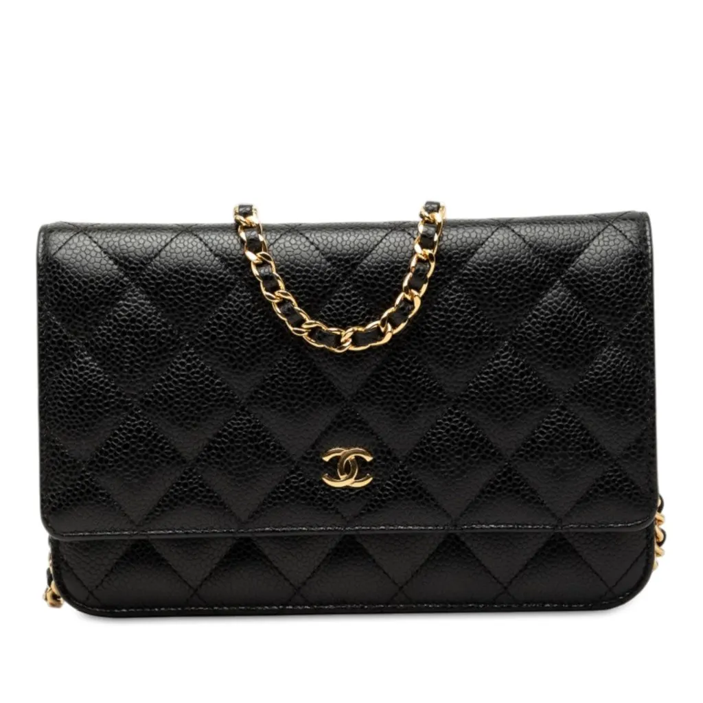 Chanel CC Quilted Caviar Wallet on Chain Black Leather Very good - Front View