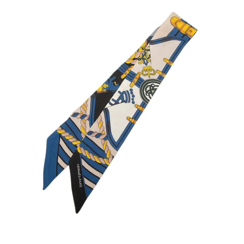 Hermès Grande Tenue Silk Twilly Scarf Blue Silk Good - Front View