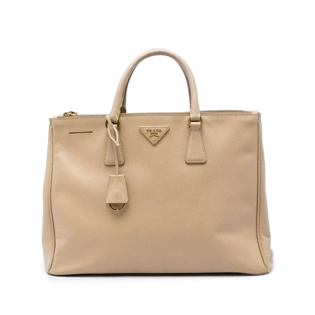 Prada Large Saffiano Lux Galleria Double Zip Tote Beige Leather Good - Front View