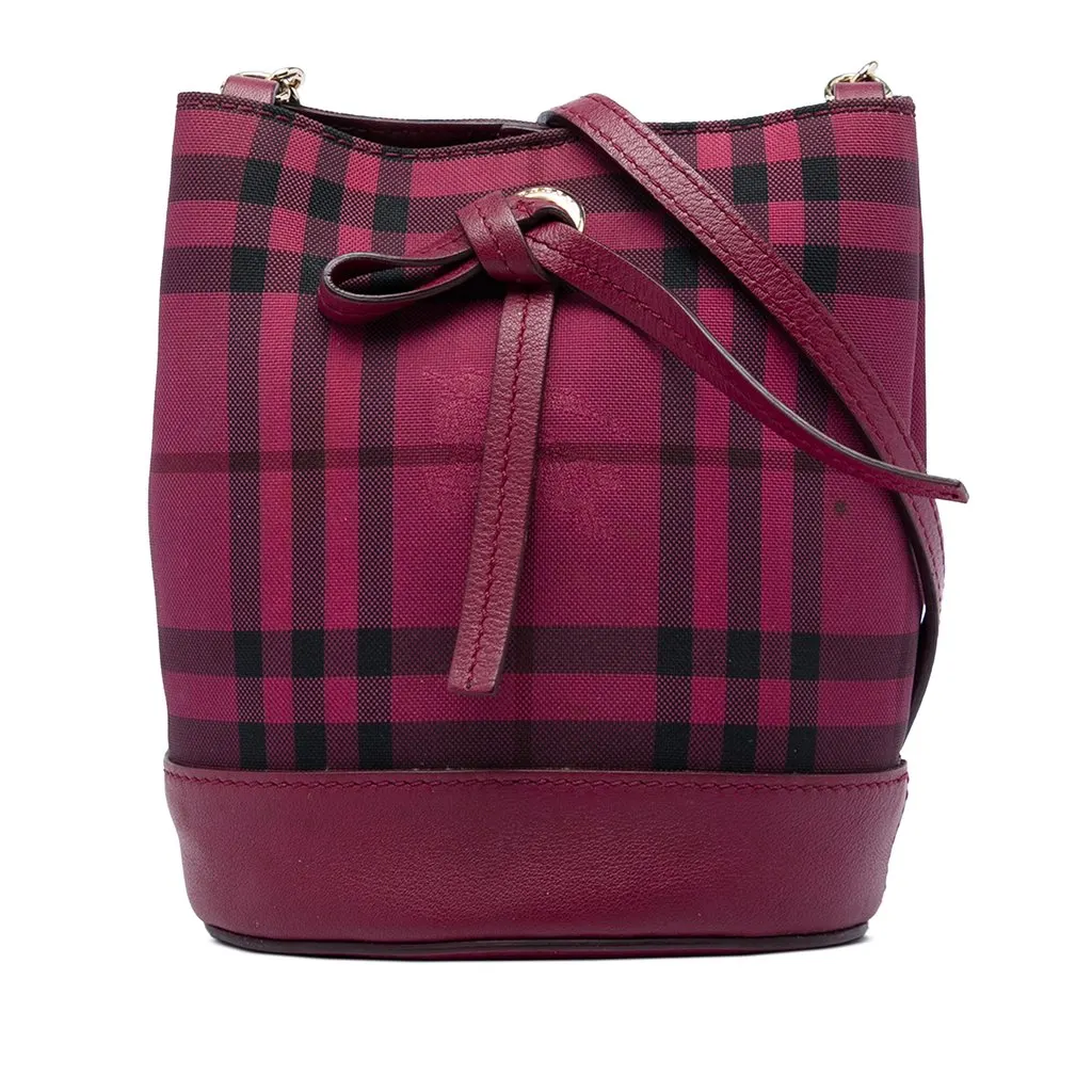 Burberry Overdyed Canvas Horseferry Check Bucket Bag Red Polyamide Good - Front View