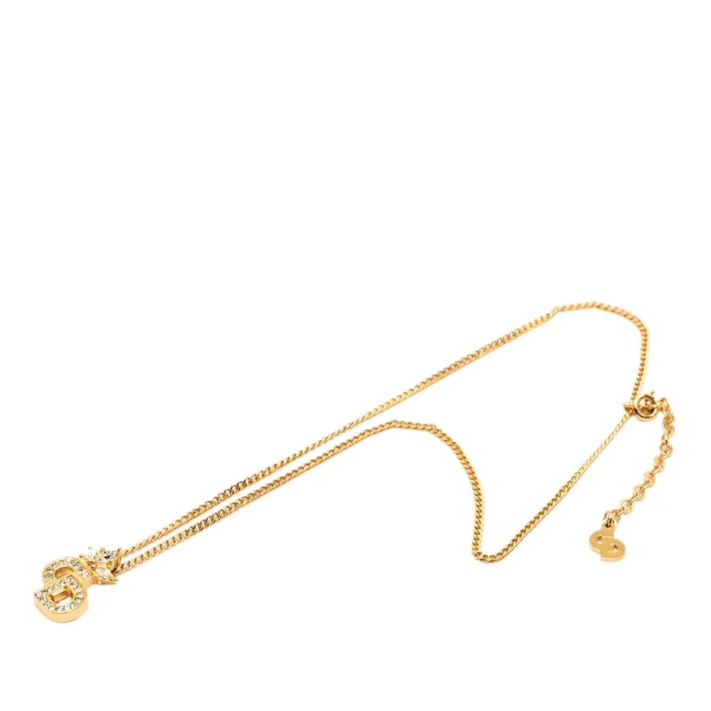 Dior Gold Plated Strass CD Logo Pendant Necklace Gold Metal Good - Front View
