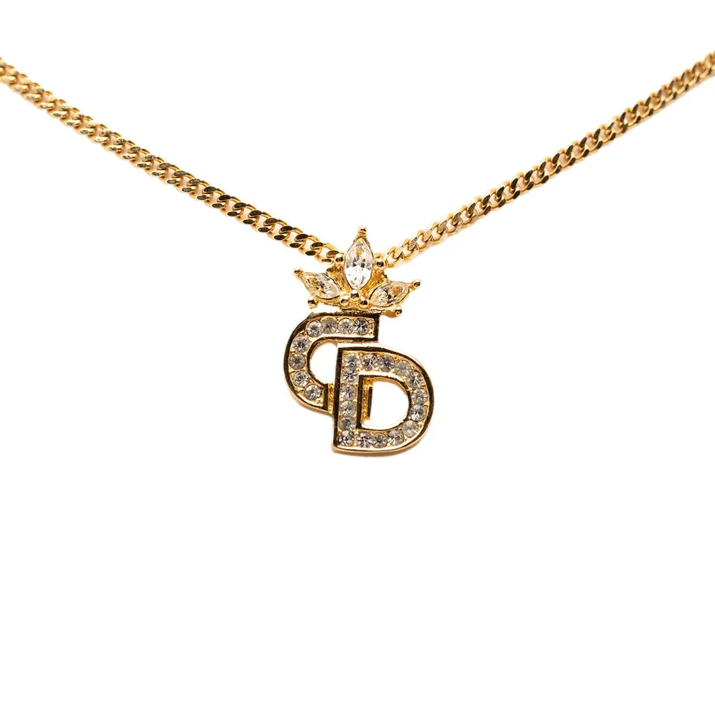 Dior Gold Plated Strass CD Logo Pendant Necklace Gold Metal Good - Back View