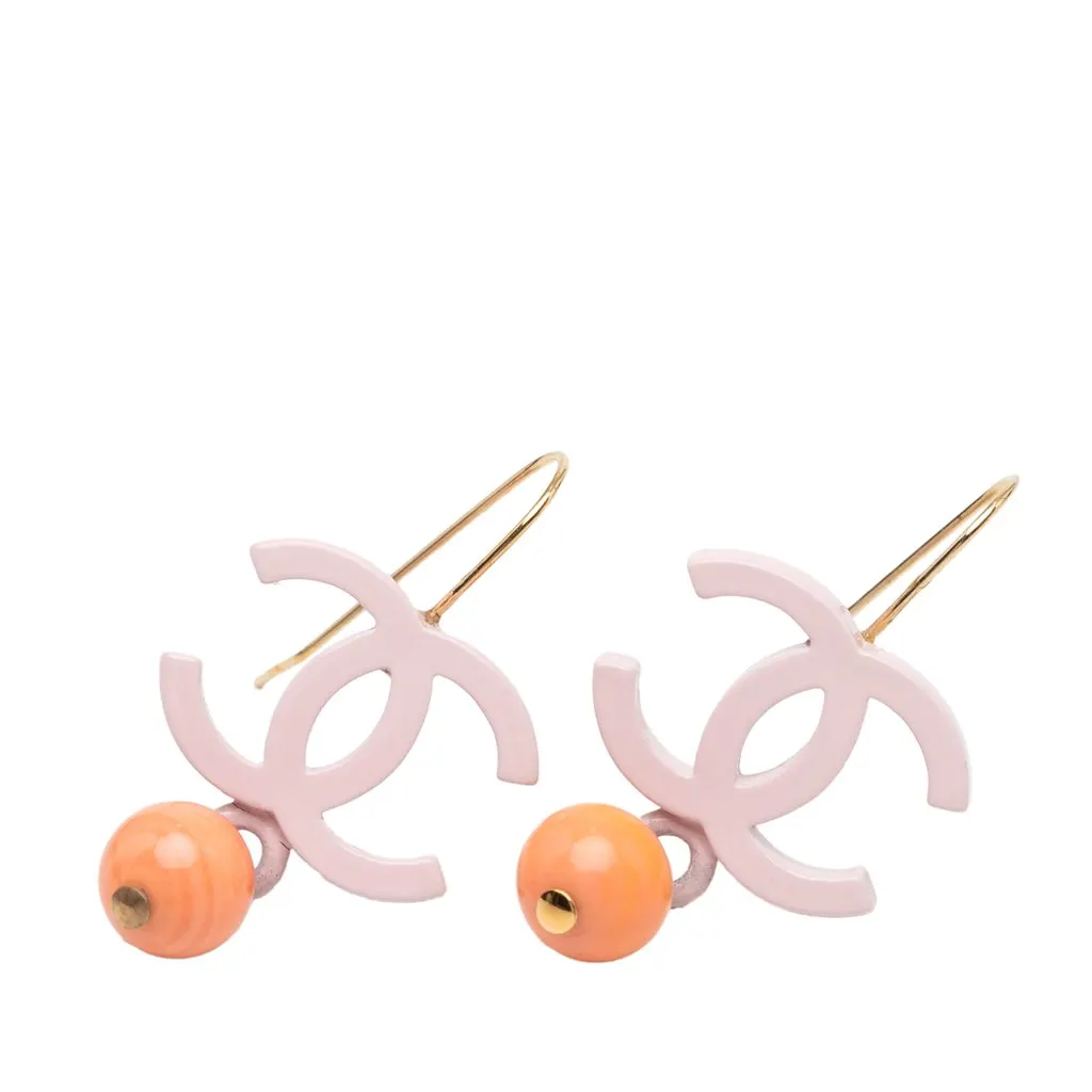 Chanel CC Gold Plated Resin Bead Drop Fish Hook Earrings Pink Plastic Very good - Front View