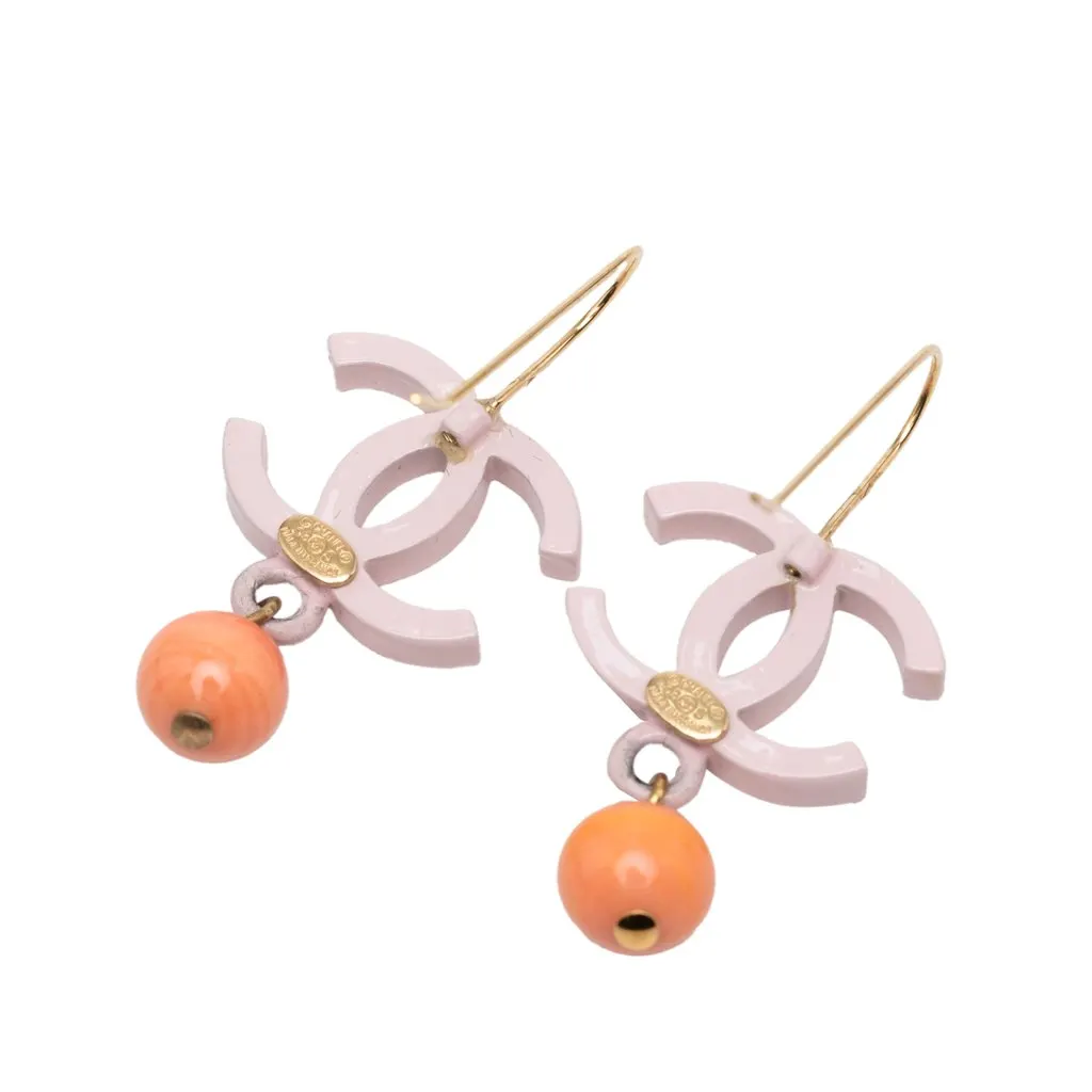 Chanel CC Gold Plated Resin Bead Drop Fish Hook Earrings Pink Plastic Very good - Back View