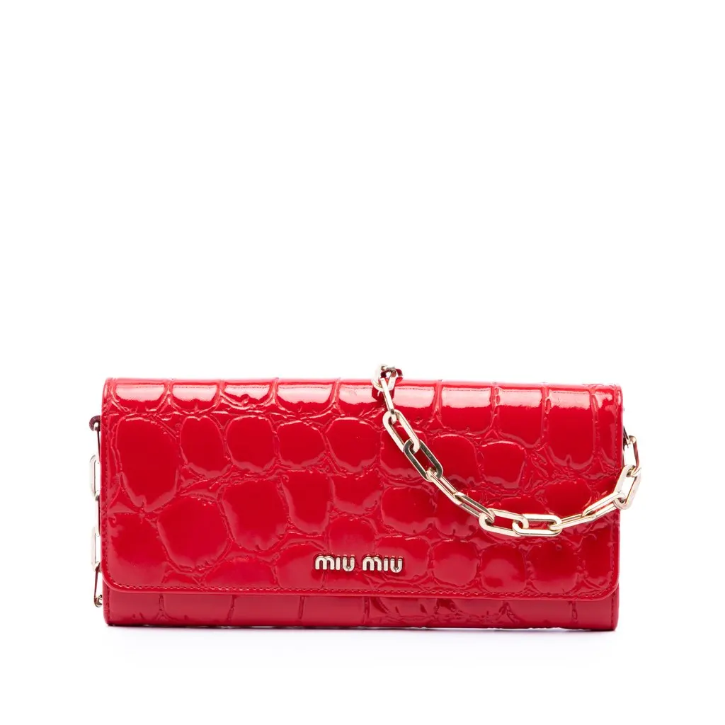 Miu Miu Croc Embossed Patent Wallet On Chain Red Leather Very good - Front View