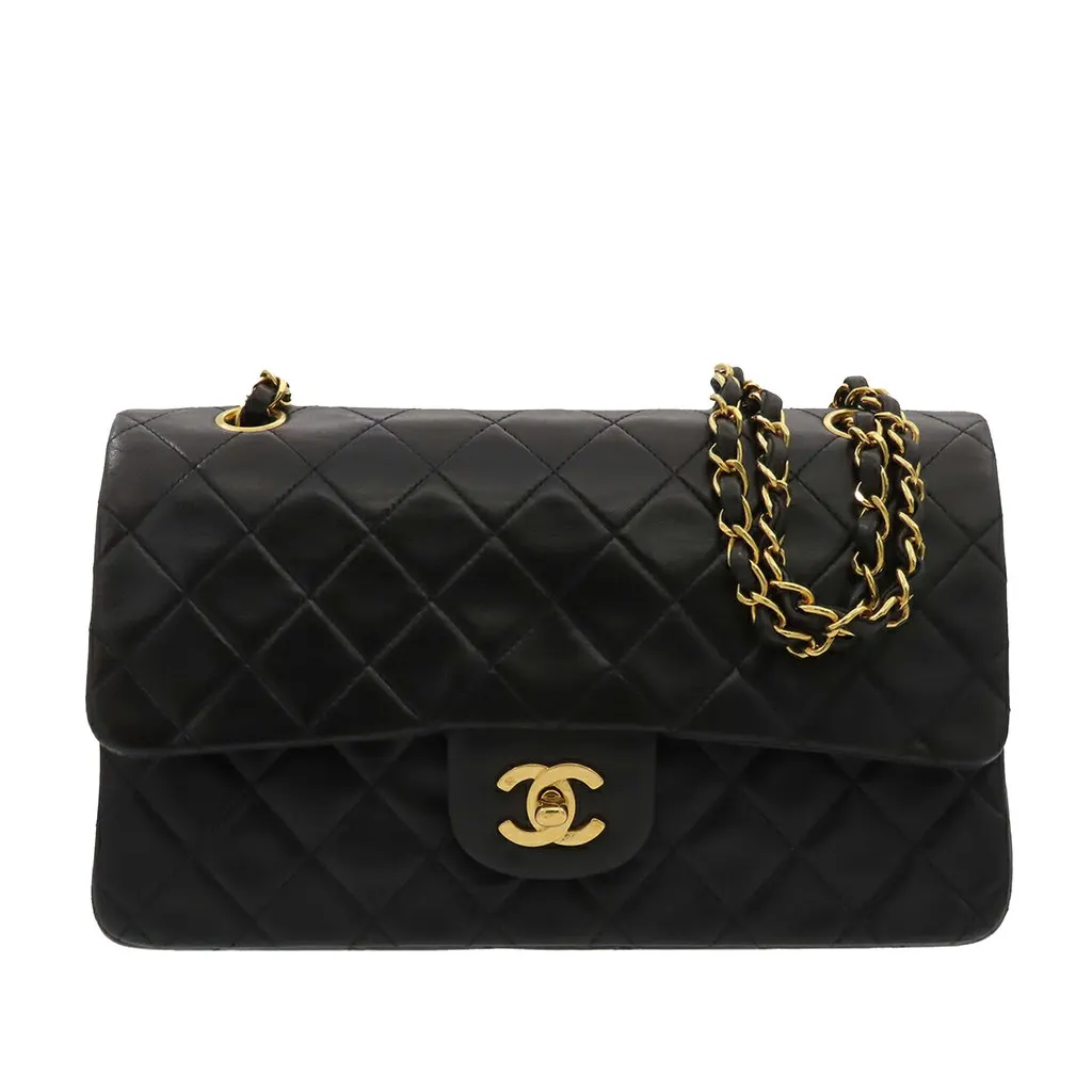 Chanel Medium Classic Lambskin Double Flap Black Leather Very good - Front View