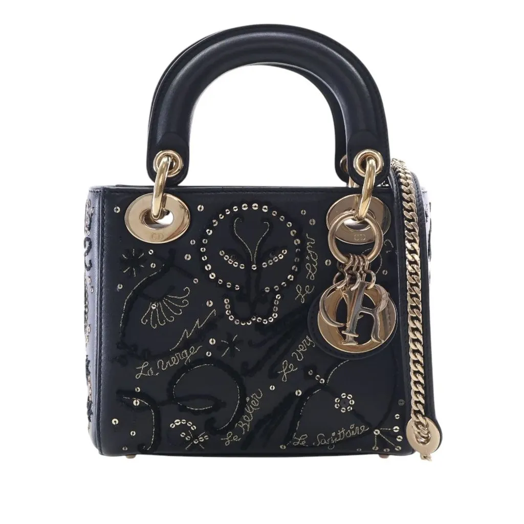Dior Mini Lambskin Embroidered Sequin Astrology Lady Dior Black Leather Very good - Front View