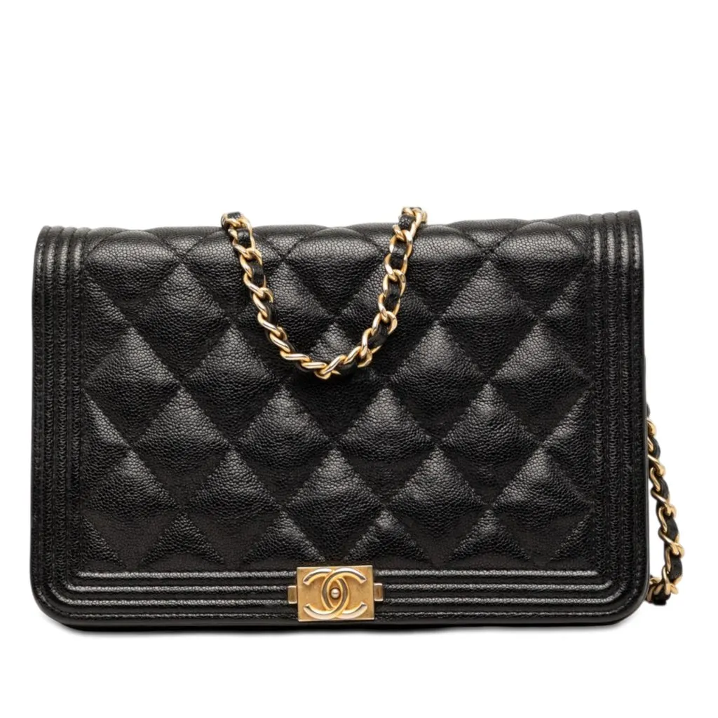 Chanel Quilted Caviar Boy Wallet on Chain Black Leather Very good - Front View