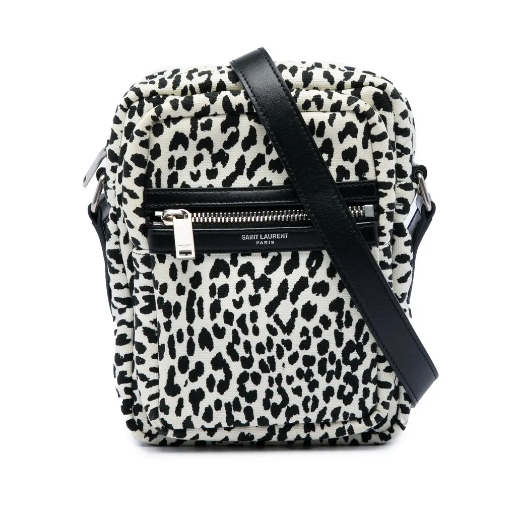 Saint Laurent Leopard Print Canvas Sid Messenger Bag White Very good - Front View