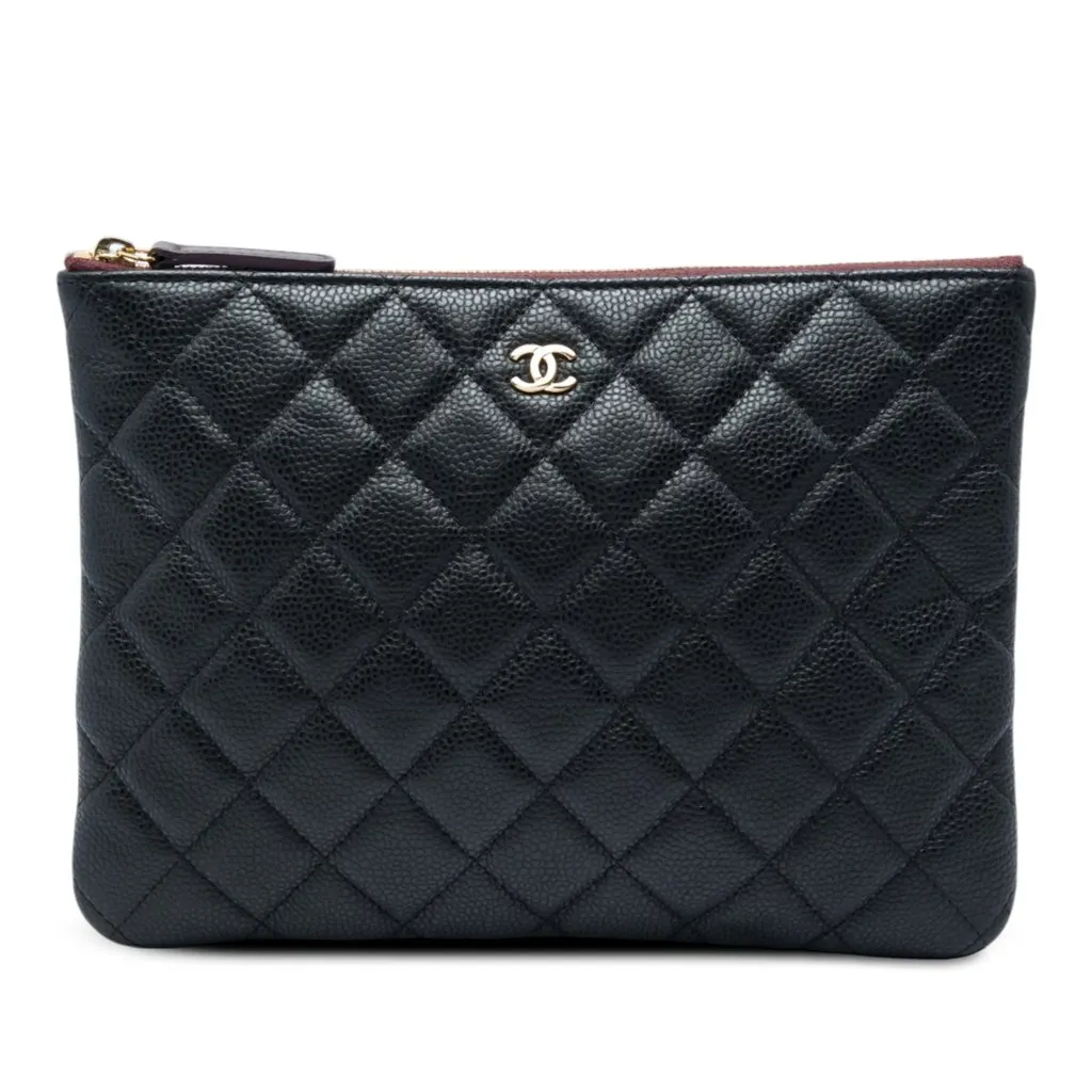 Chanel Small Quilted Caviar O Case Clutch Black Leather Very good - Front View