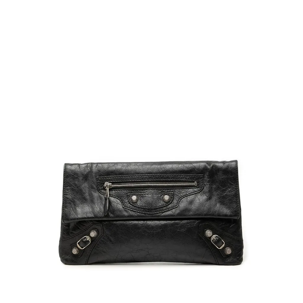 Balenciaga Lambskin Motocross Giant 12 Envelope Clutch Black Leather Good - Front View