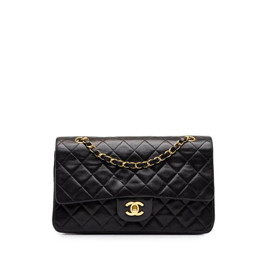 Chanel Medium Classic Lambskin Double Flap Black Leather Very good - Front View