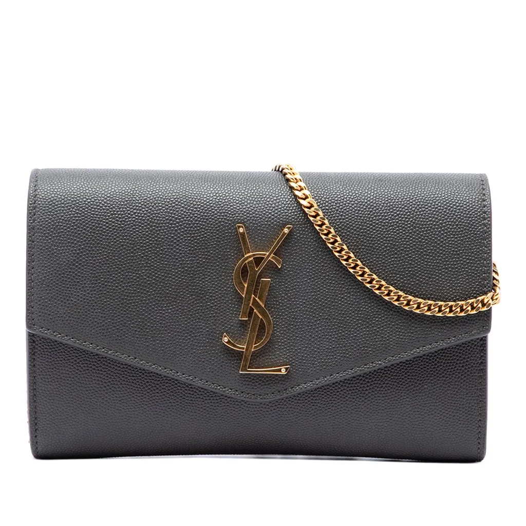 Saint Laurent Grain De Poudre Uptown Chain Wallet Grey Leather Good - Front View