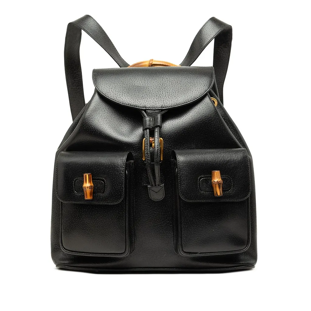 Gucci Large Calfskin Bamboo Drawstring Backpack Black Leather Good - Front View
