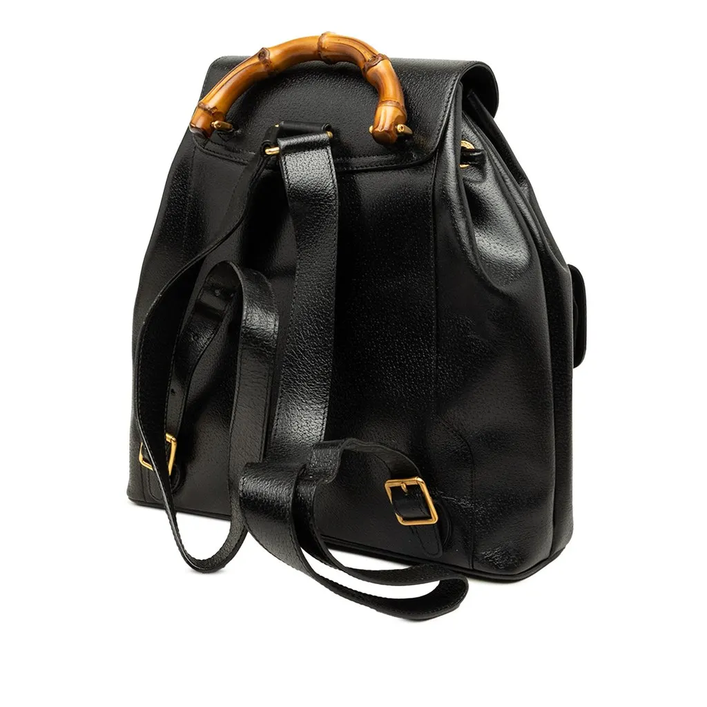 Gucci Large Calfskin Bamboo Drawstring Backpack Black Leather Good - Back View