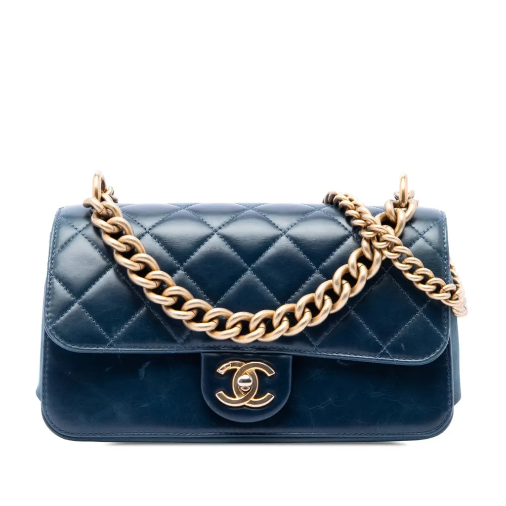 Chanel Small Quilted Calfskin Straight Lined Flap Blue Leather Very good - Front View
