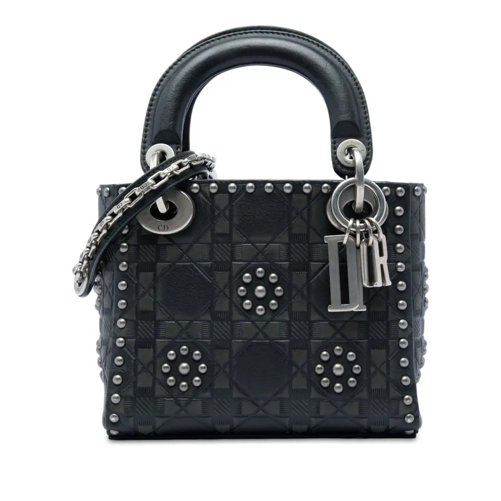 Dior Mini Calfskin Cannage Studded Flower Lady Dior Black Leather Very good - Front View