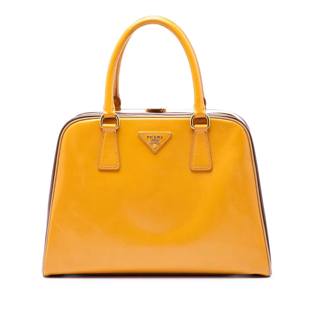 Prada Bicolor Saffiano Vernice Pyramid Frame Handbag Yellow Leather Very good - Front View