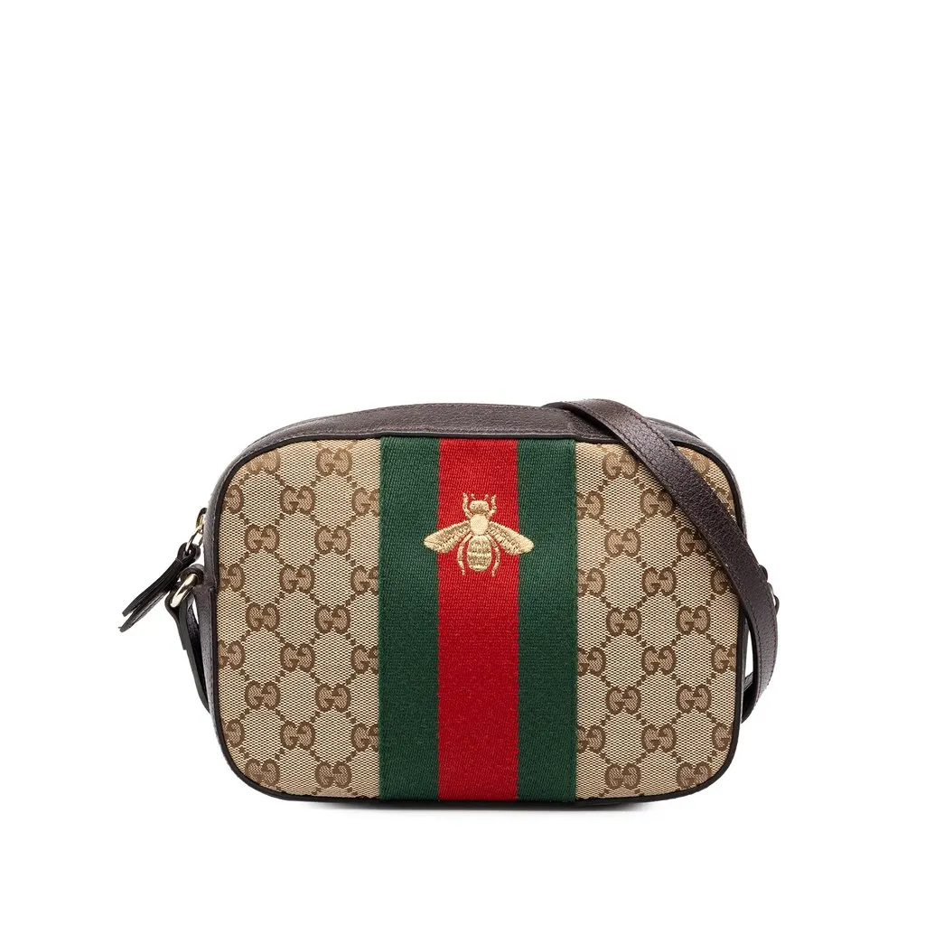 Gucci GG Canvas Webby Bee Camera Bag Beige Canvas Good - Front View