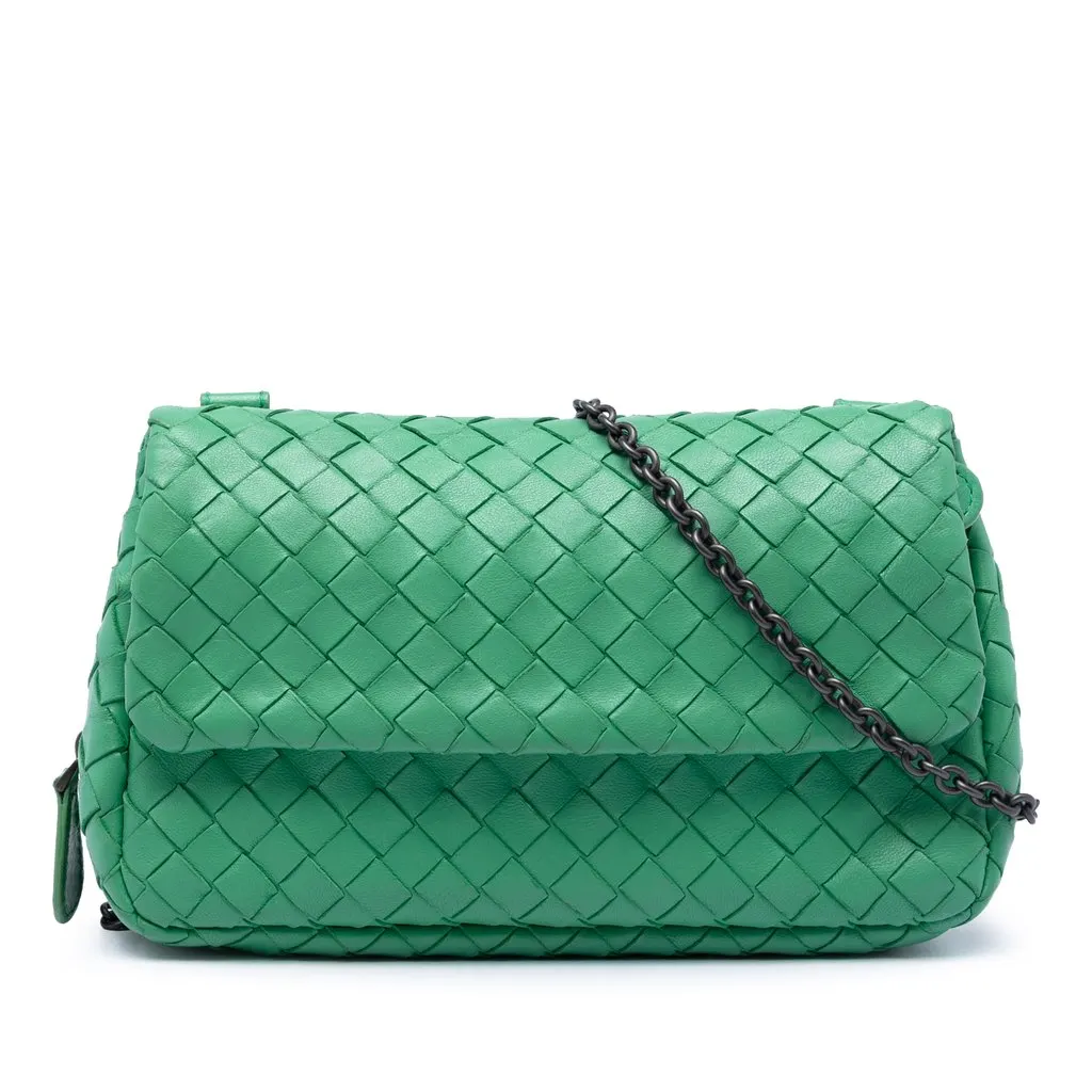 Bottega Veneta Mini Nappa Intrecciato Expandable Chain Flap Crossbody Green Leather Very good - Front View