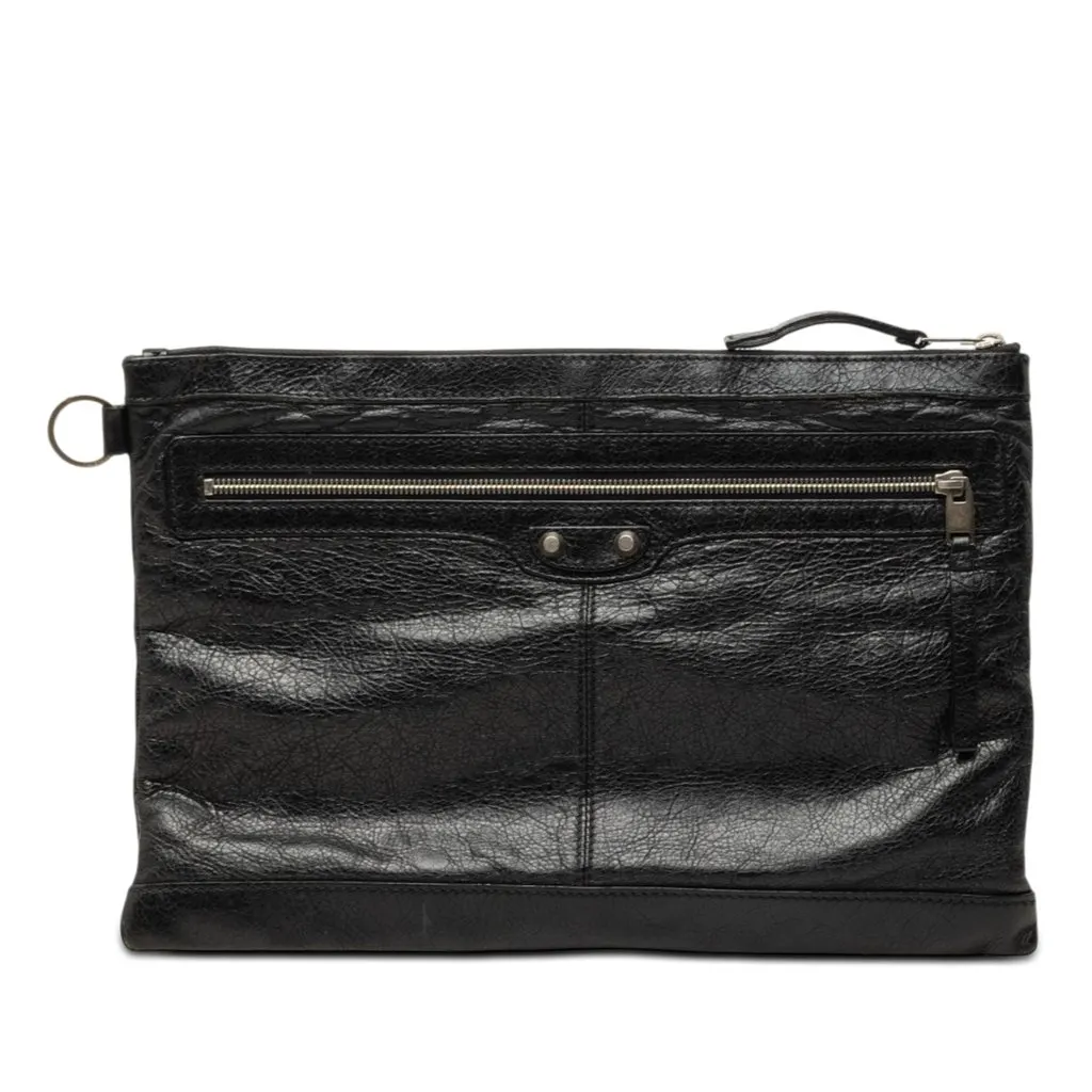Balenciaga Lambskin Motocross Classic Clip Clutch L Black Leather Good - Front View