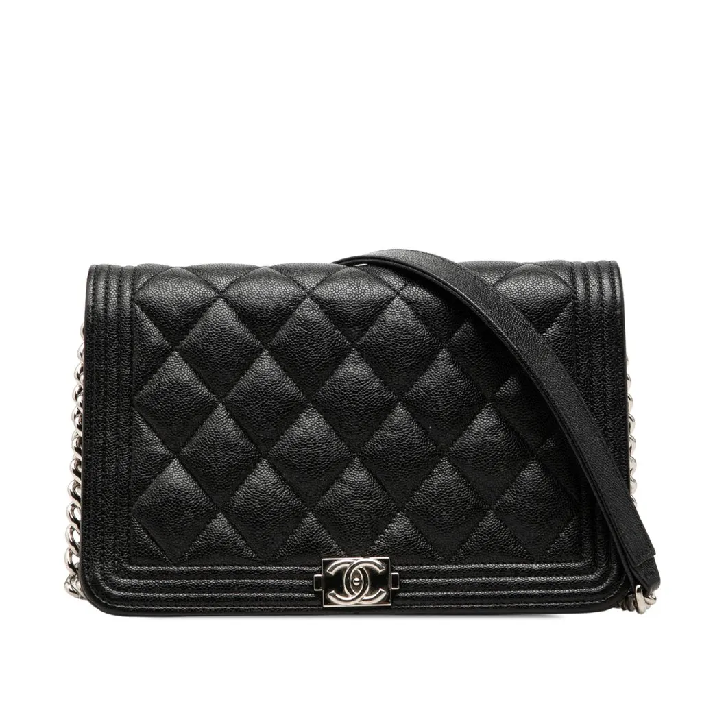 Chanel Mini Quilted Caviar Boy Wallet on Chain Black Leather Very good - Front View