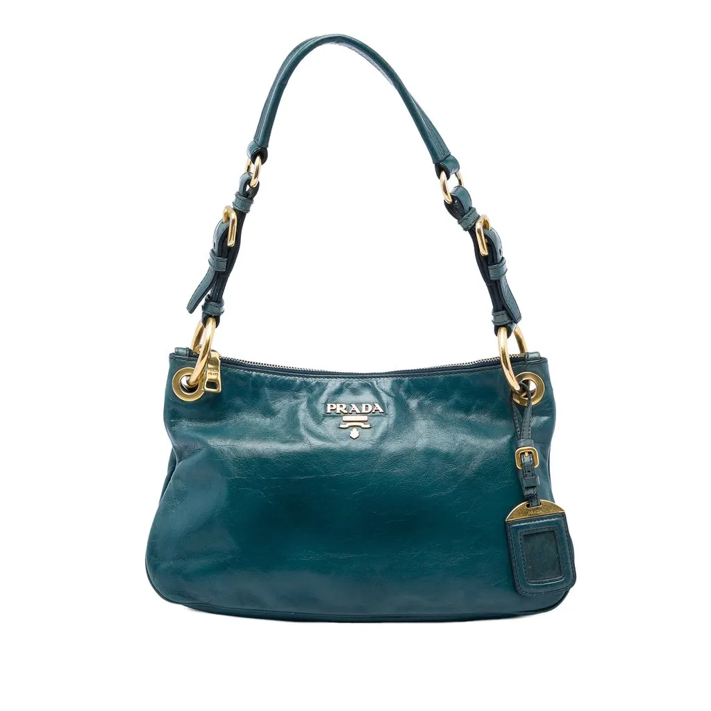 Prada Vitello Shine Shoulder Bag Blue Leather Good - Front View