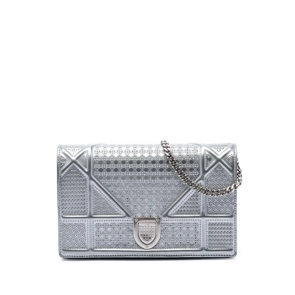 Dior Metallic Patent Microcannage Diorama Wallet on Chain Silver Leather Very good - Front View