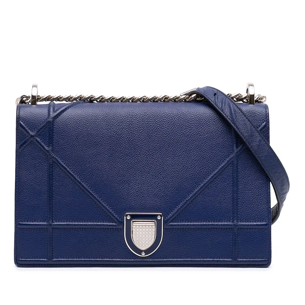 Dior Medium Grained Calfskin Diorama Flap Blue Leather Good - Front View