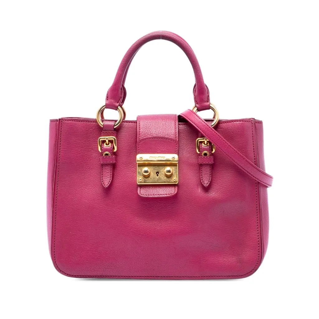 Miu Miu Goatskin Madras Satchel Pink Leather Good - Front View