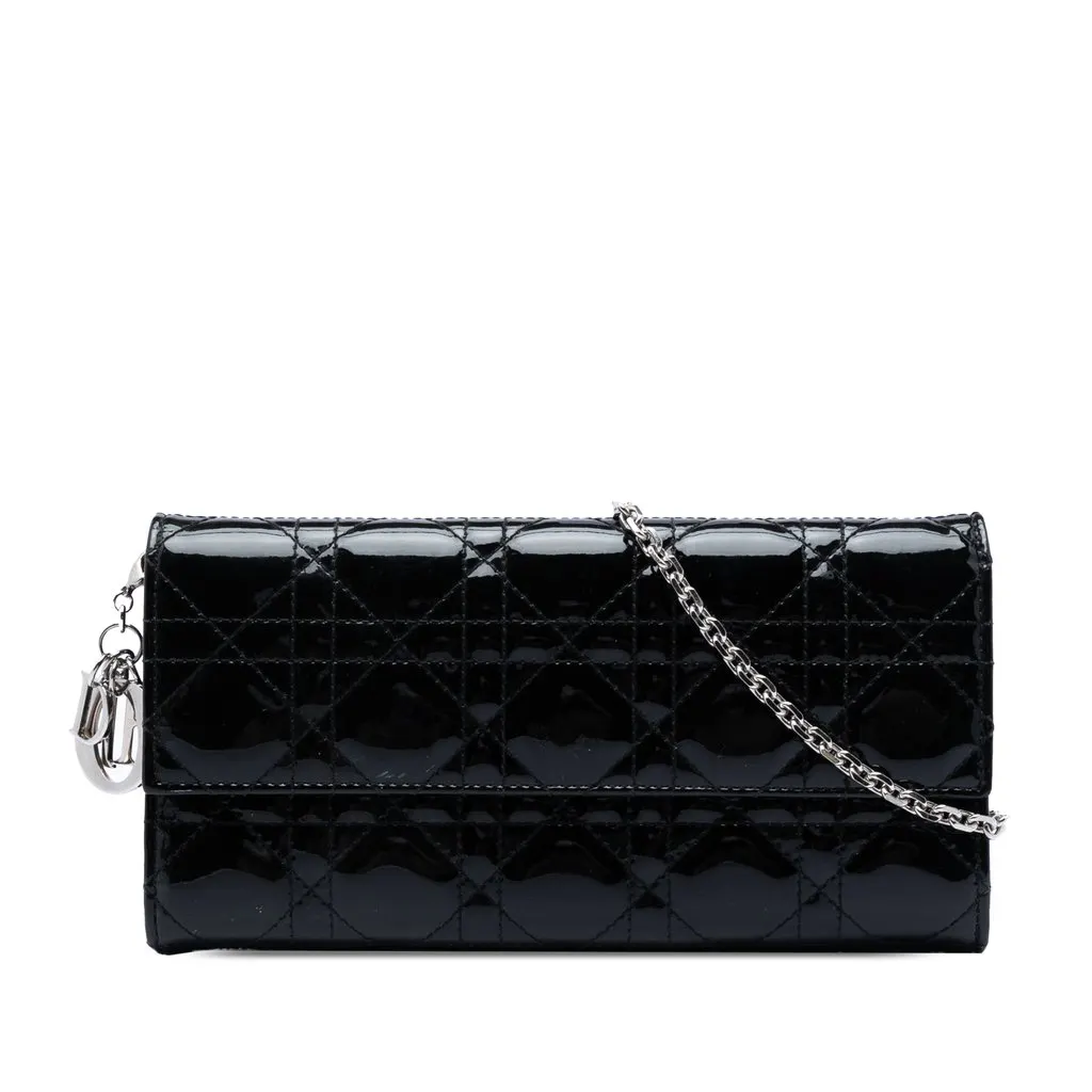 Dior Patent Cannage Lady Dior Wallet On Chain Black Leather Very good - Front View