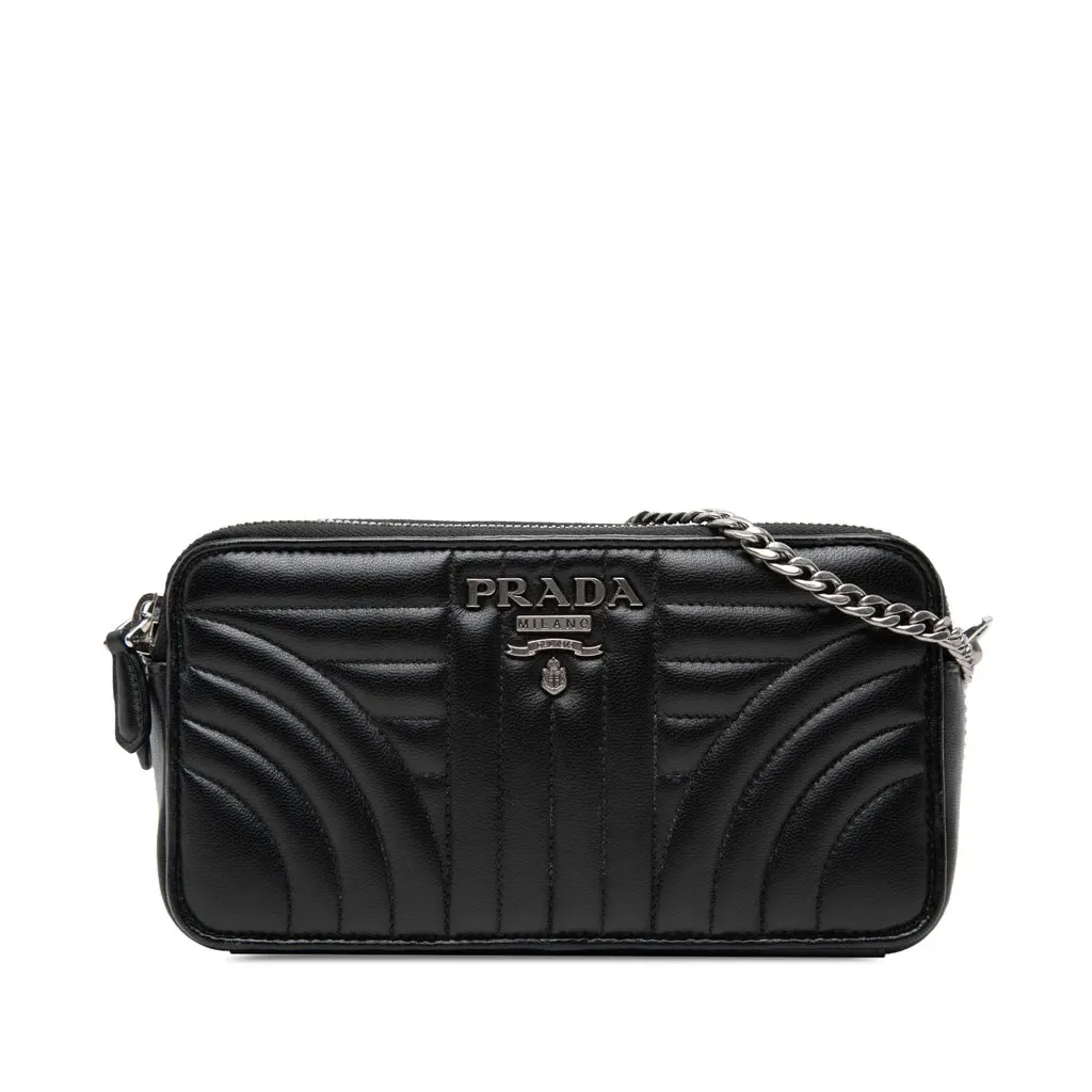 Prada Mini Soft Calf Impunture Diagramme Double Zip Crossbody Black Leather Very good - Front View