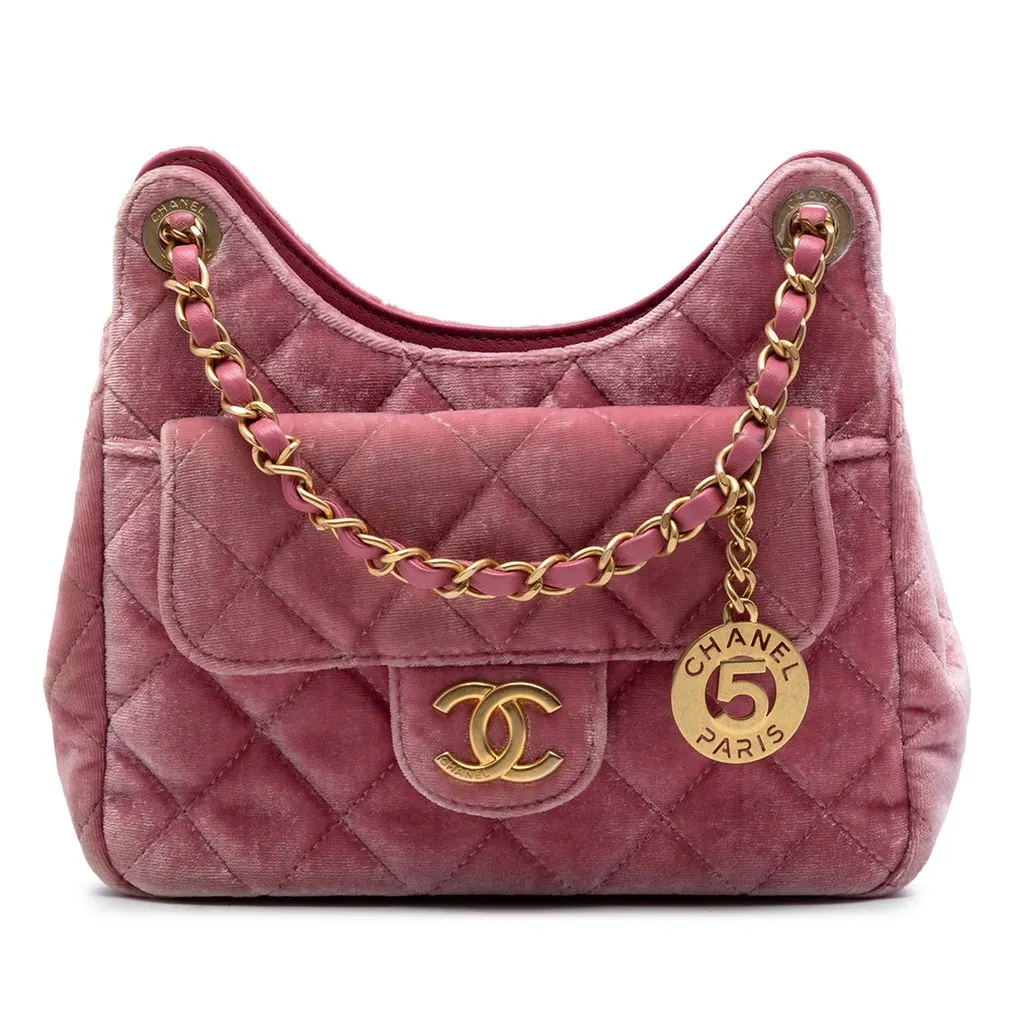 Chanel Small Quilted Velvet Wavy CC Hobo Pink Very good - Front View