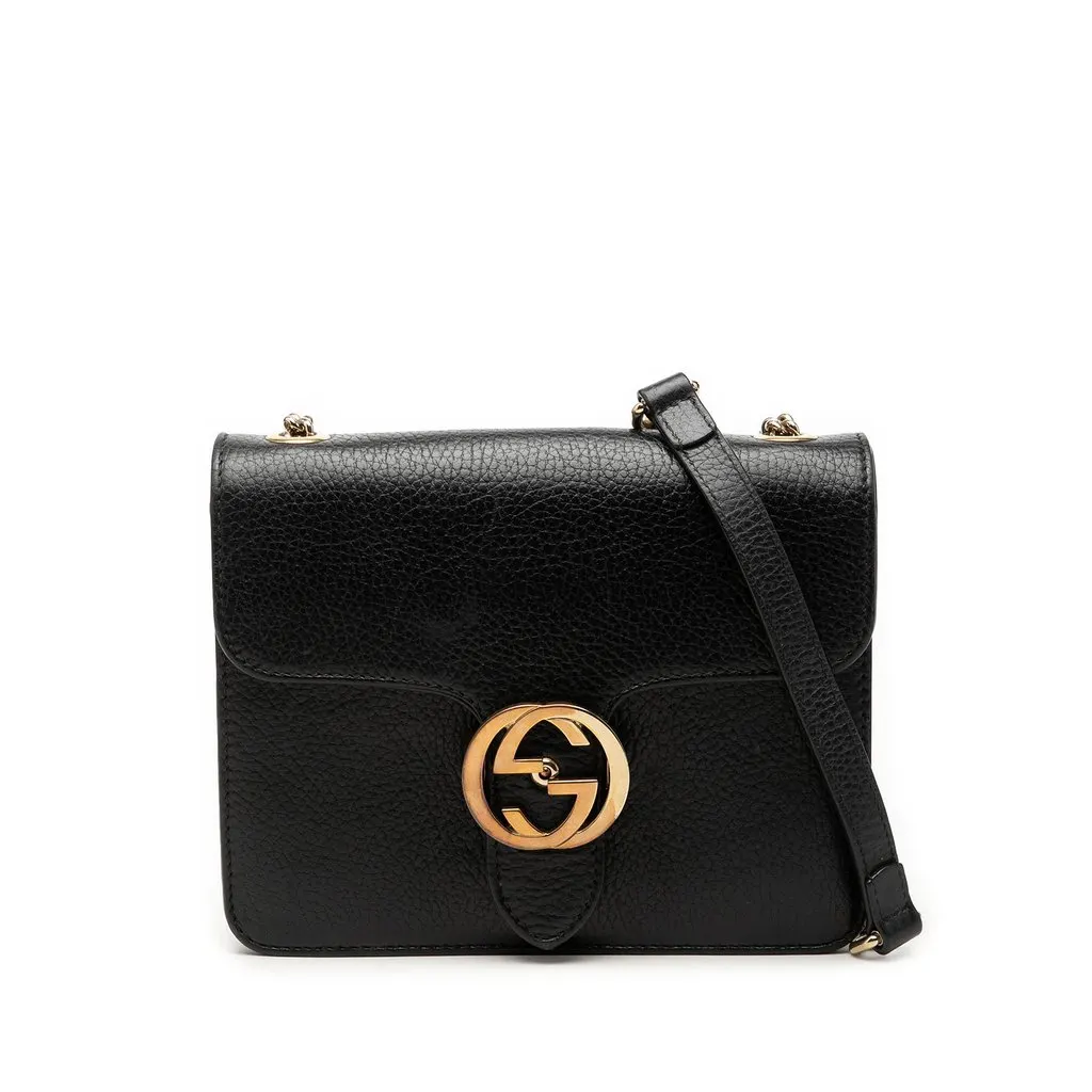 Gucci Small Dollar Calfskin Interlocking G Crossbody Black Leather Very good - Front View