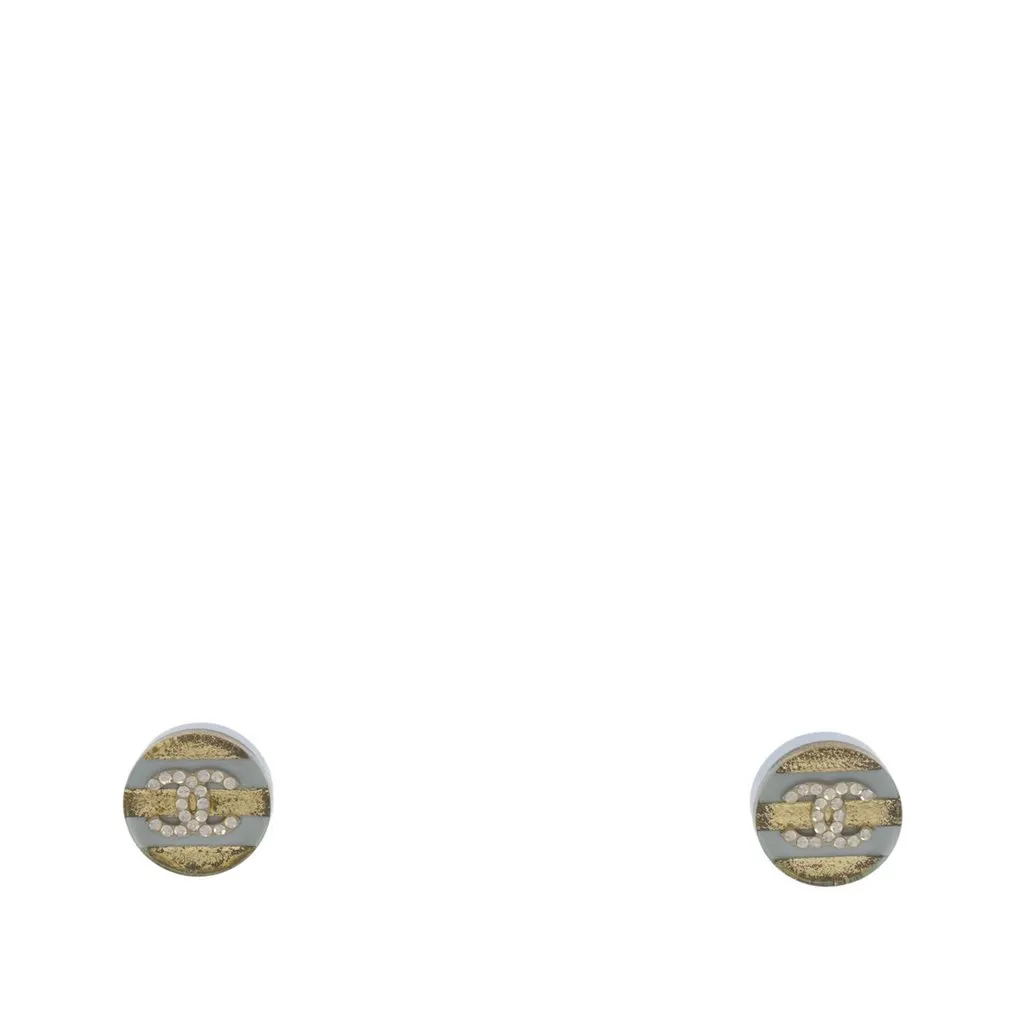 Chanel CC Gold Plated Resin and Strass Striped Push Back Earrings Gold Metal Very good - Front View