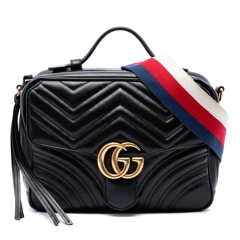 Gucci Small GG Marmont Matelasse Calfskin Sylvie Top Handle Satchel Black Leather Very good - Front View