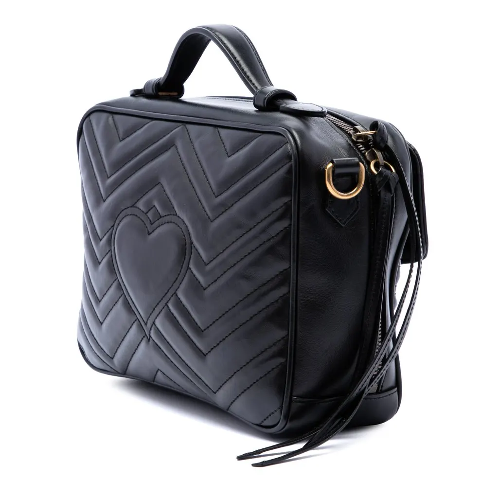 Gucci Small GG Marmont Matelasse Calfskin Sylvie Top Handle Satchel Black Leather Very good - Back View