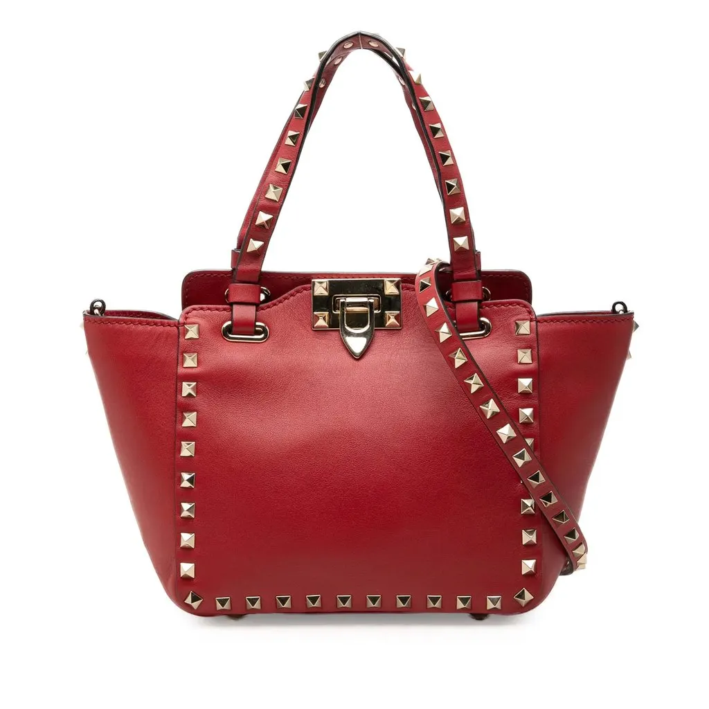 Valentino Mini Grained Calfskin Rockstud Trapeze Satchel Red Leather Very good - Front View