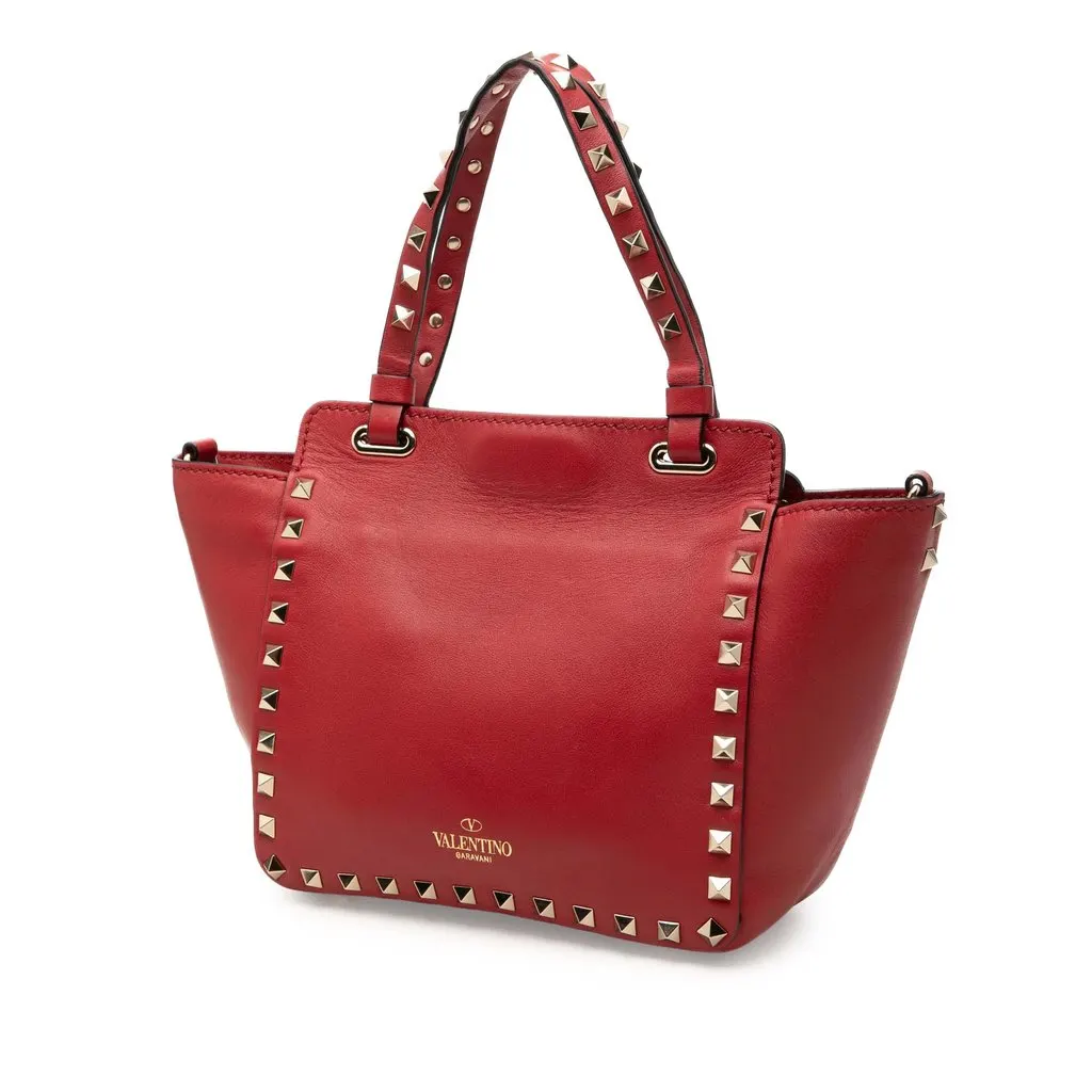 Valentino Mini Grained Calfskin Rockstud Trapeze Satchel Red Leather Very good - Back View