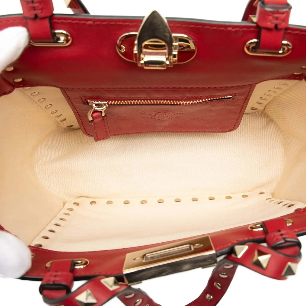 Valentino Mini Grained Calfskin Rockstud Trapeze Satchel Red Leather Very good - Model View