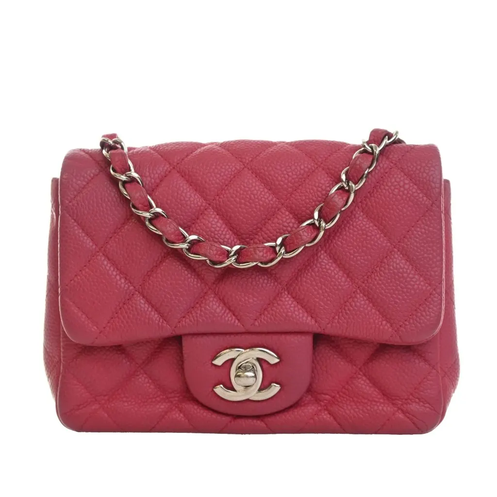 Chanel Mini Square Classic Caviar Single Flap Pink Leather Very good - Front View