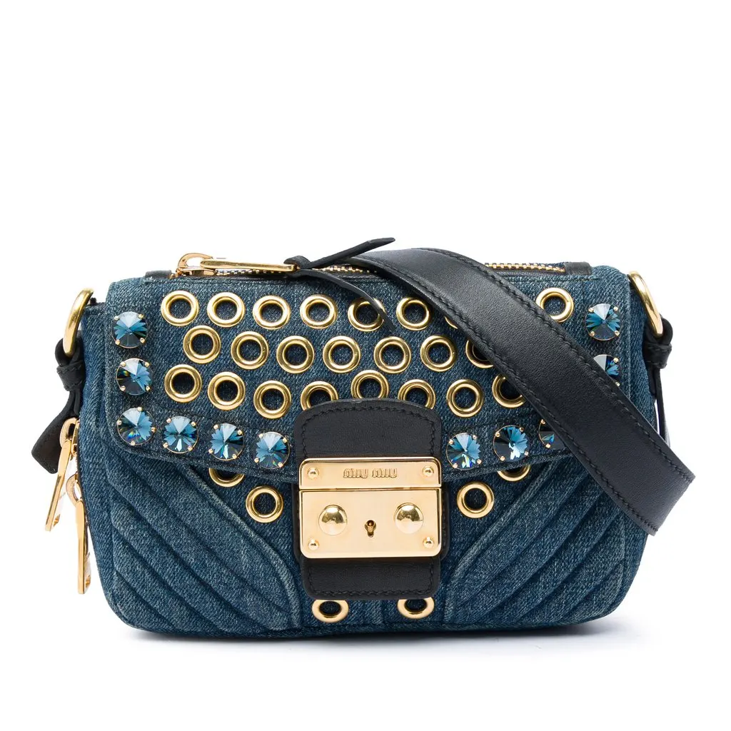 Miu Miu Denim Grommet and Crystal Embellished Biker Crossbody Blue Good - Front View