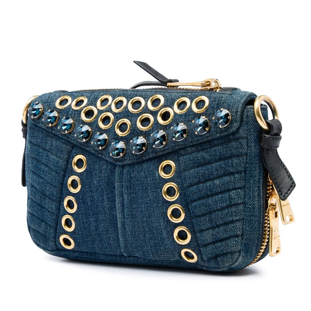 Miu Miu Denim Grommet and Crystal Embellished Biker Crossbod