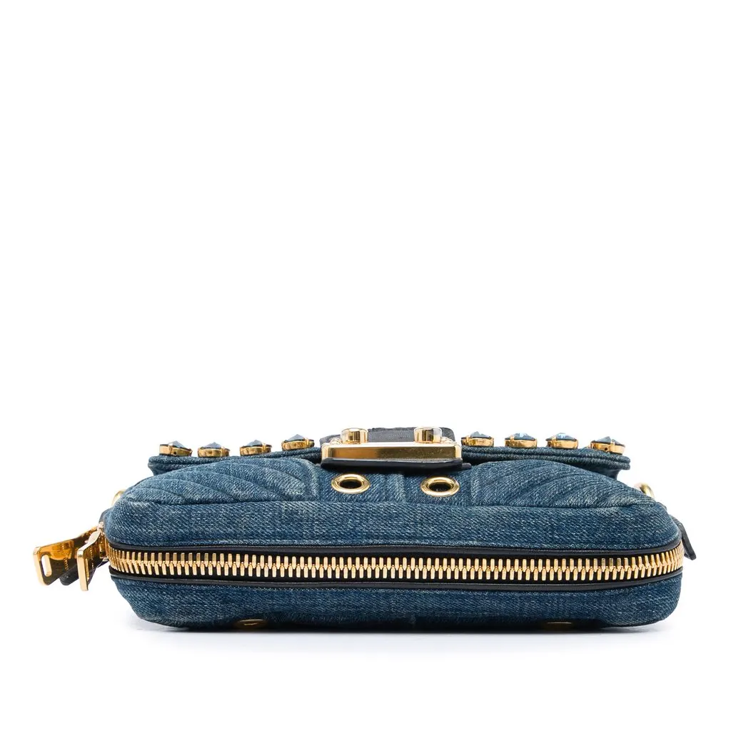 Miu Miu Denim Grommet and Crystal Embellished Biker Crossbody Blue Good - Inside View