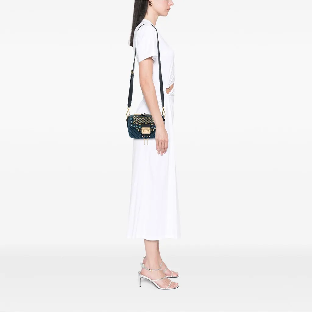 Miu Miu Denim Grommet and Crystal Embellished Biker Crossbody Blue Good - Box View