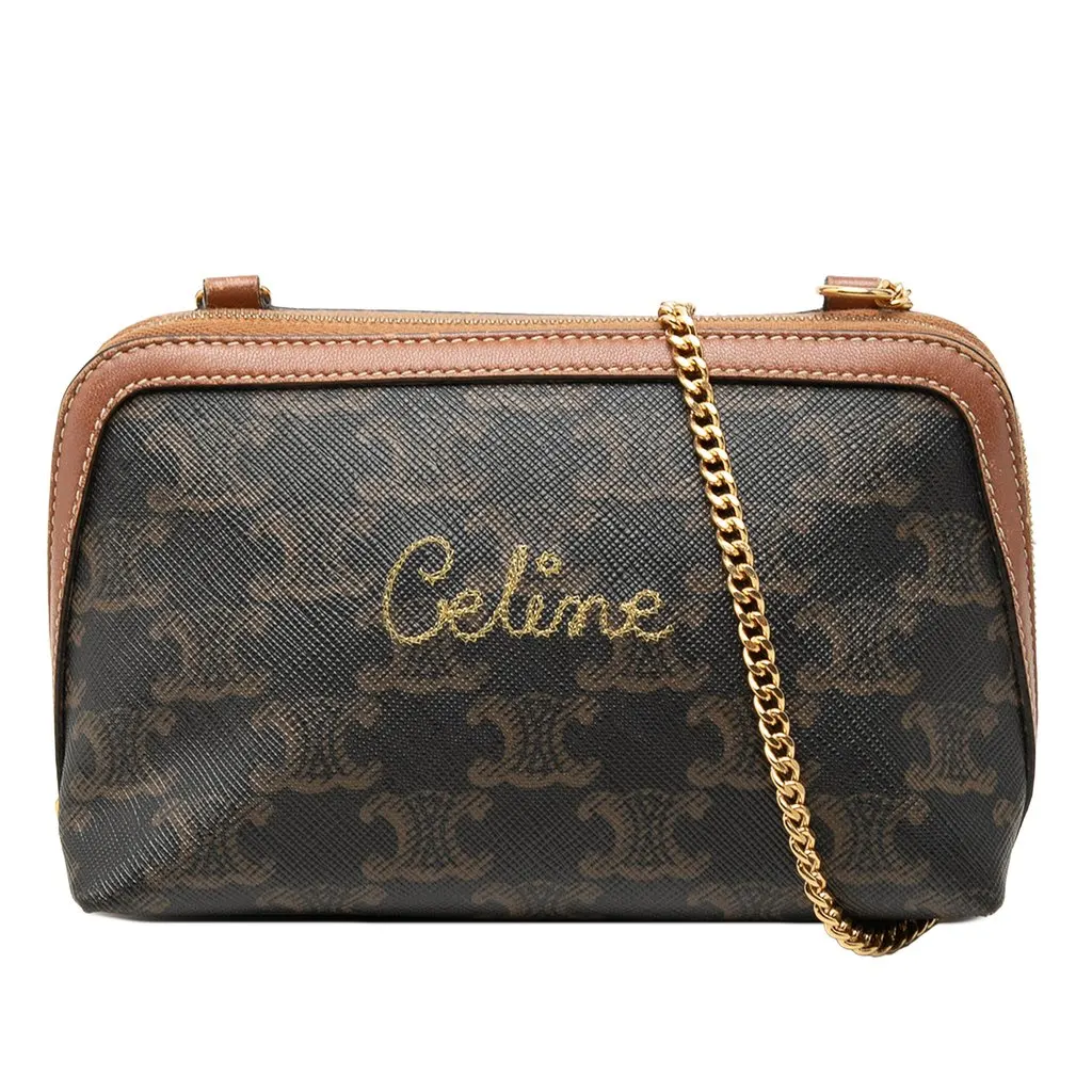 Celine Triomphe Coated Canvas Embroidered Logo Clutch On Chain Brown Very good - Front View