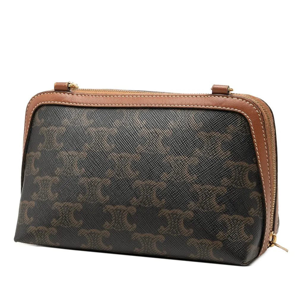 Celine Triomphe Coated Canvas Embroidered Logo Clutch On Chain Brown Very good - Back View